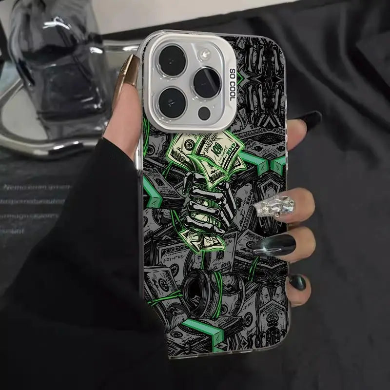 Coque iPhone style argent et street art iPhone16 15 14 13 12 11 ProMax XR XSMAX 78Plus MINI Y2K Fashion Anti Fall Back Cover