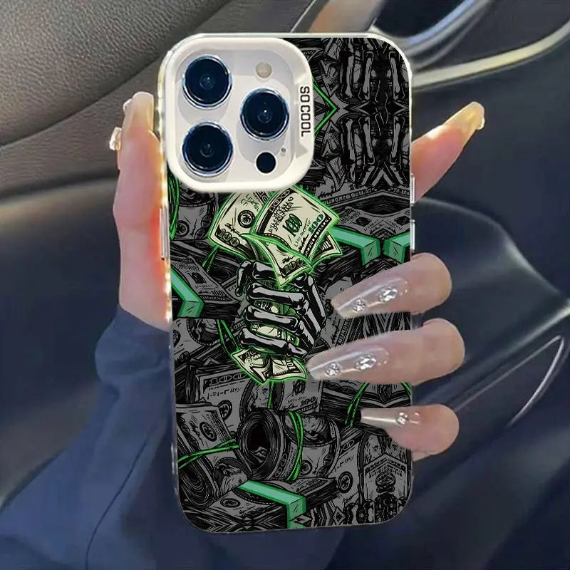 Coque iPhone style argent et street art iPhone16 15 14 13 12 11 ProMax XR XSMAX 78Plus MINI Y2K Fashion Anti Fall Back Cover